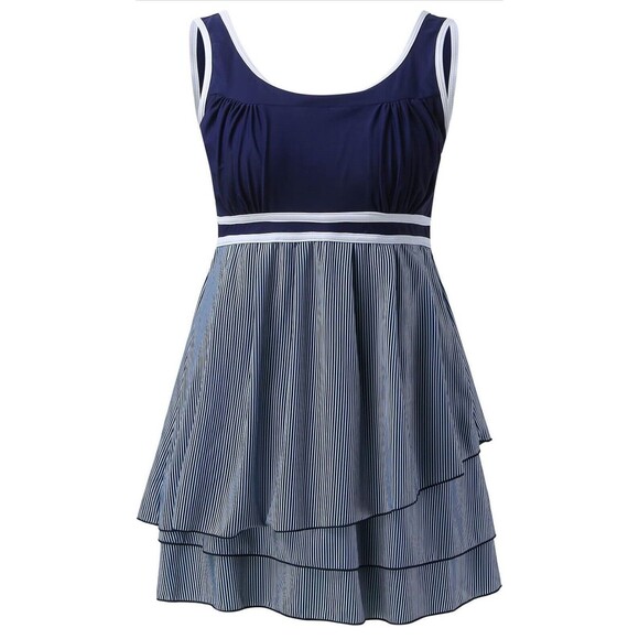 Women’s Tankini Swimsuit with Boy Shorts Two-Piece Ruffle Hem Striped Set - M - Picture 4 of 11